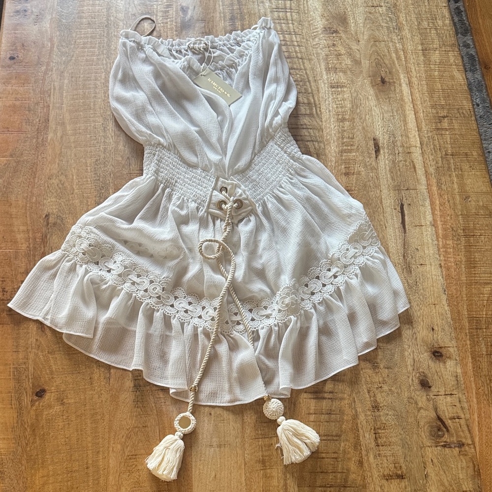 RAMY Brook Phoenix Dress beach cover up white Lace-Trim Romper with Tassel Tie